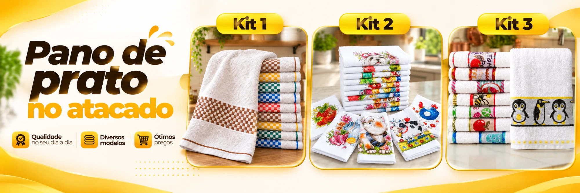 Pano de prato no atacado — Kit 1, Kit 2 e Kit 3. Qualidade no seu dia a dia, diversos modelos e ótimos preços.